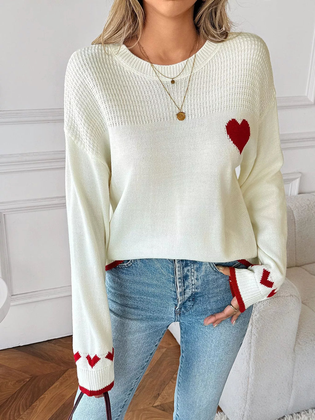 Heart Pattern Dropped Shoulder Sweater