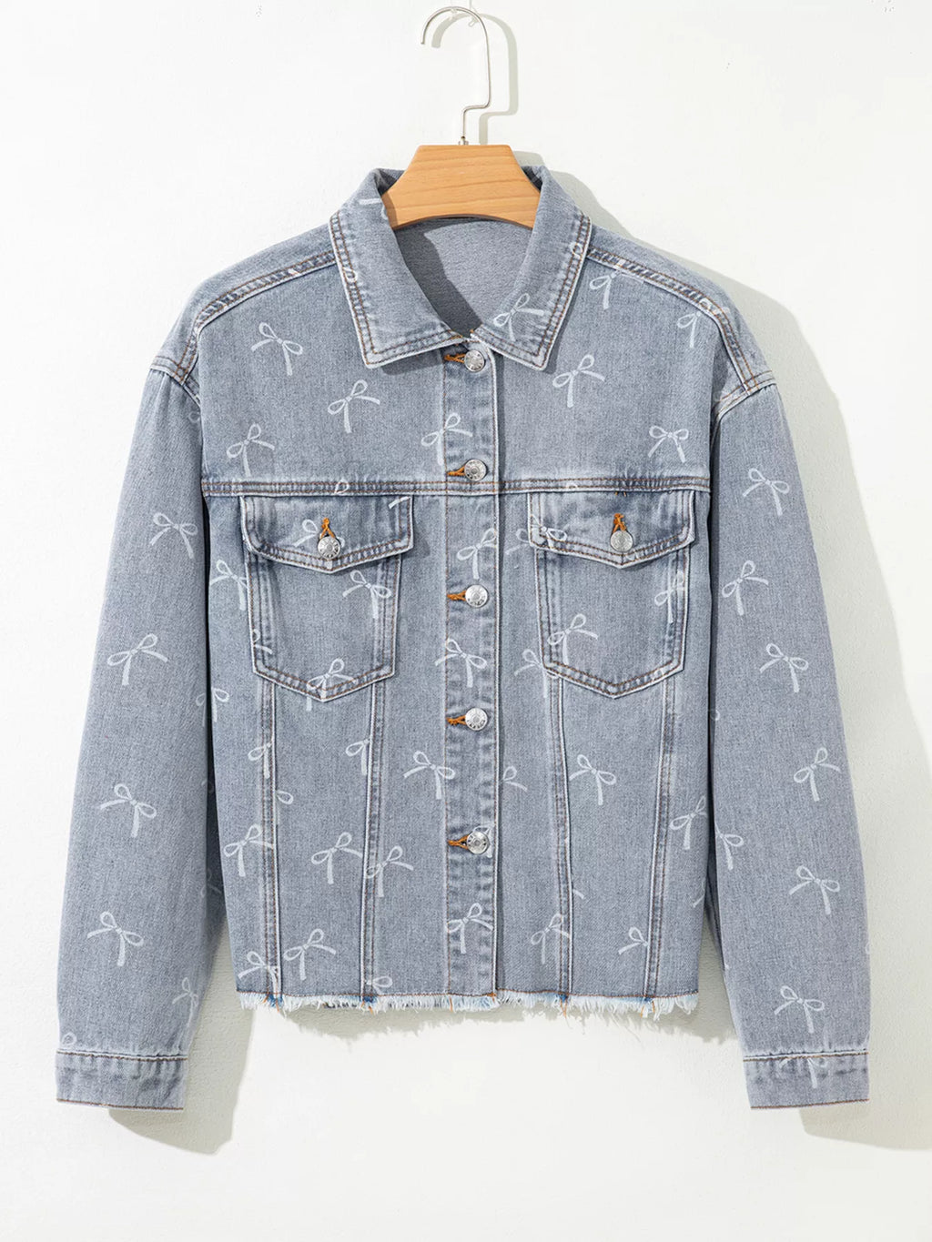 Bow Knot Print Light Wash Raw Hem Denim Jacket