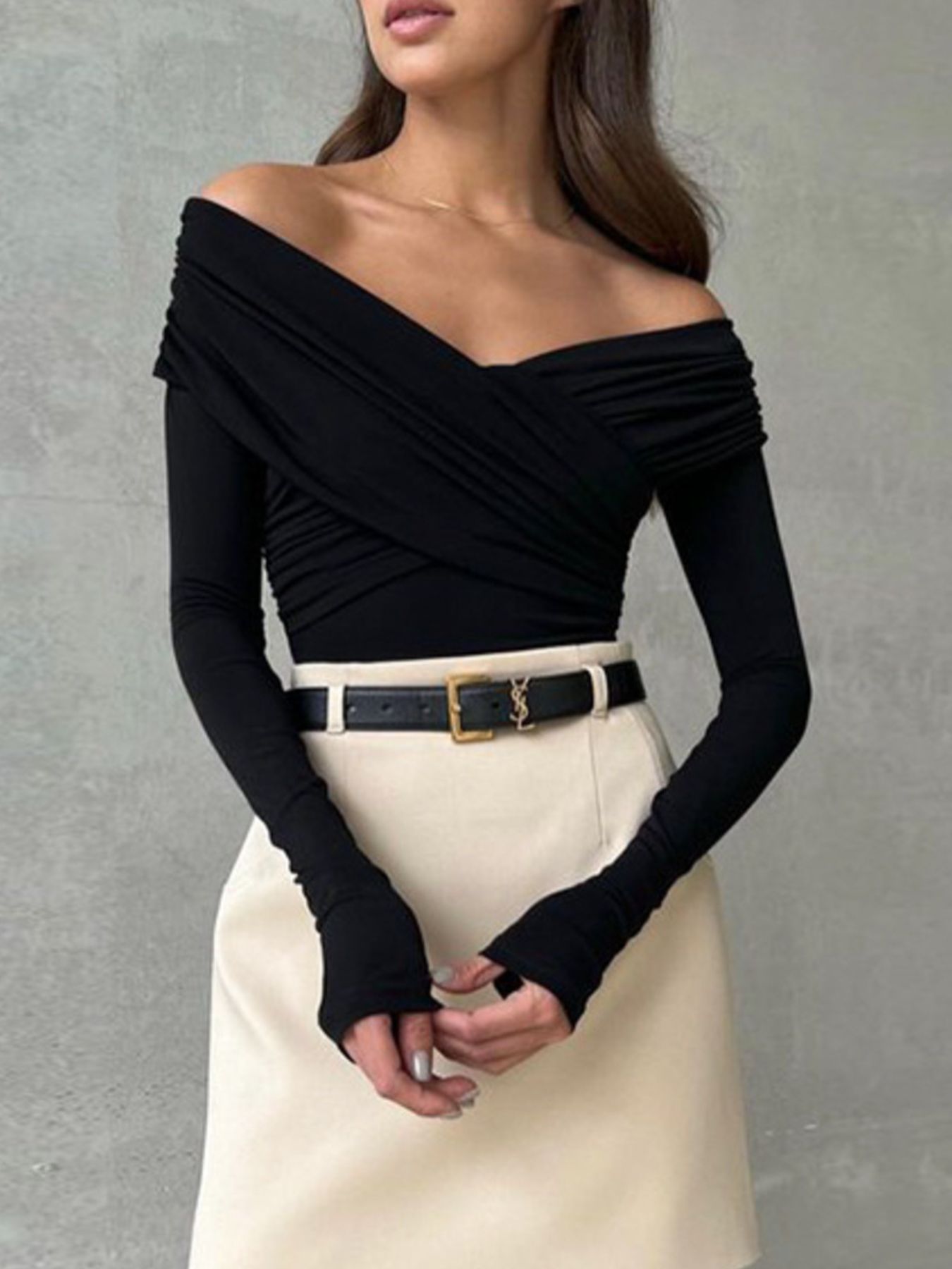 Off-Shoulder Ruched Long Sleeve Bodysuit