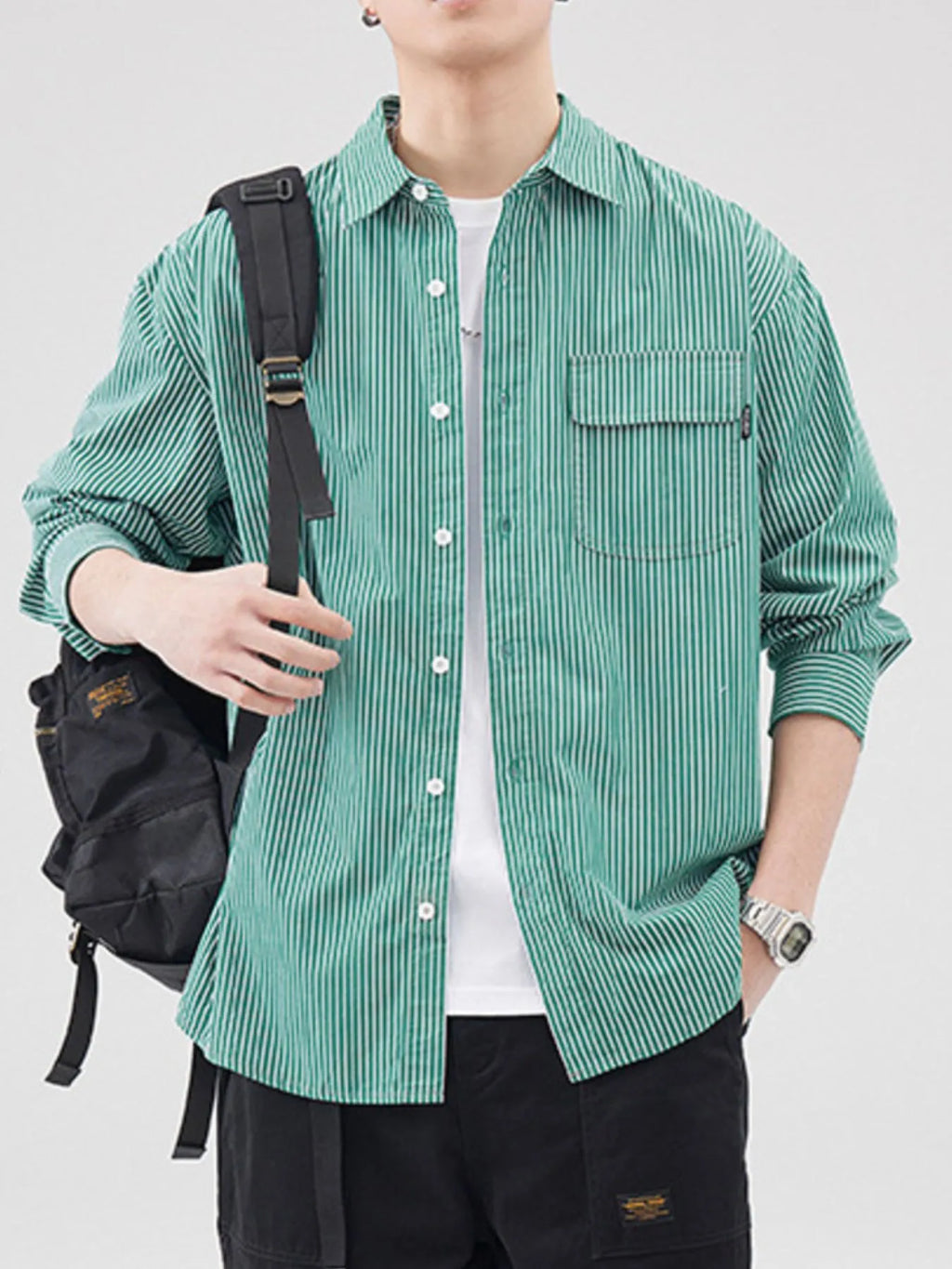 Men's Plus Size Striped Button Up Long Sleeve Shirt