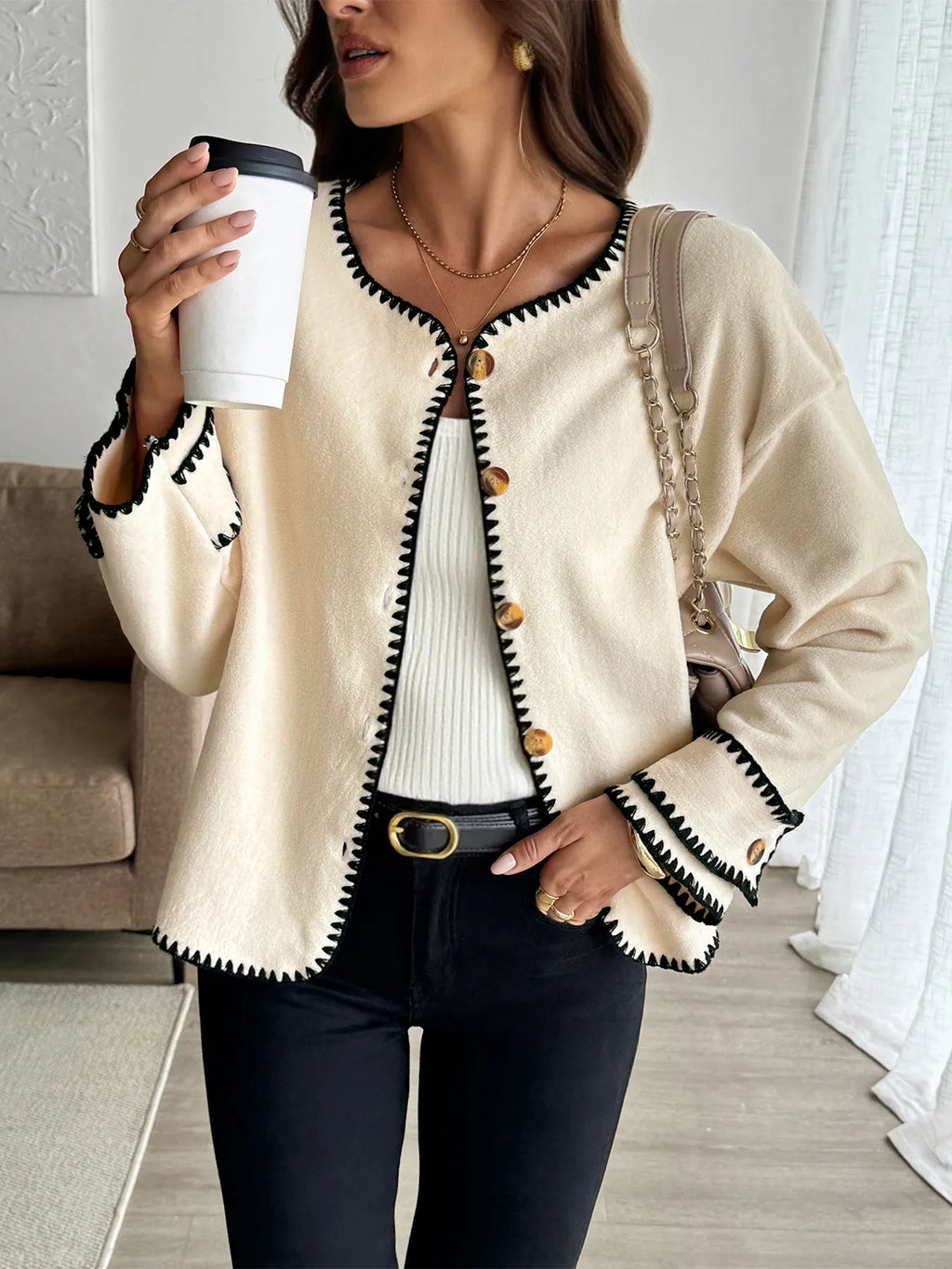 Contrast Trim Button Up Jacket