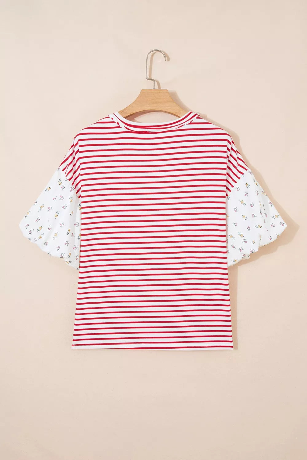 Stripe Floral Puff Sleeve Patchwork Round Neck Loose Top