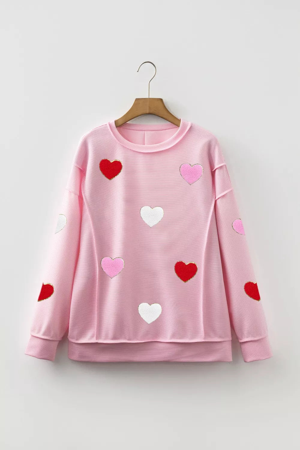 Ribbed Texture Chenille Heart Glitter Trim Patched Long Sleeve Top