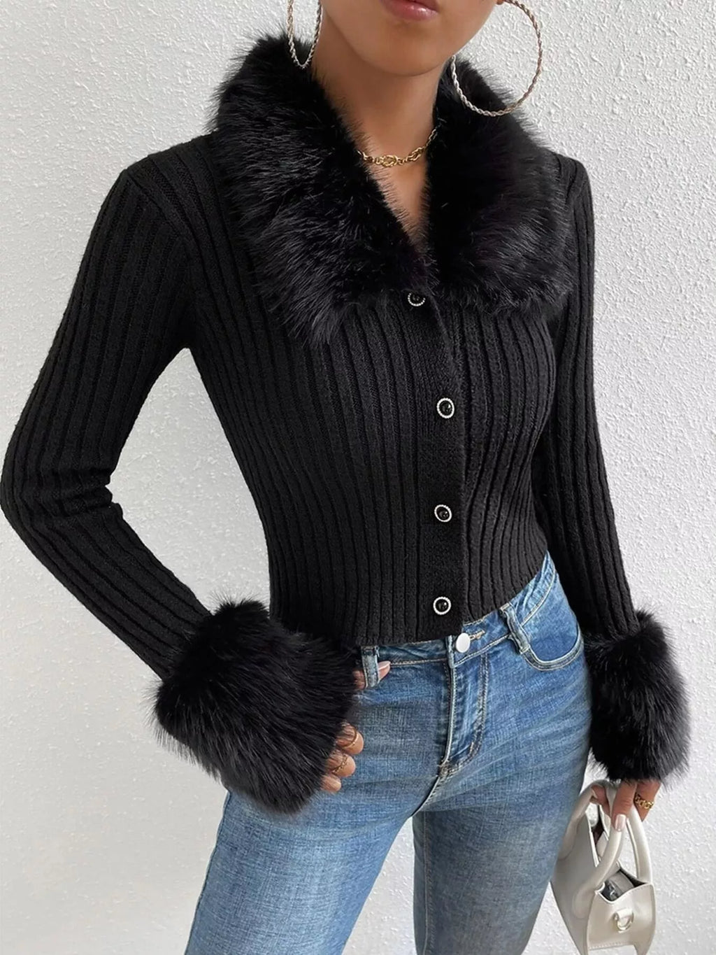 Faux Fur Trim Ribbed Knit Cropped Cardigan