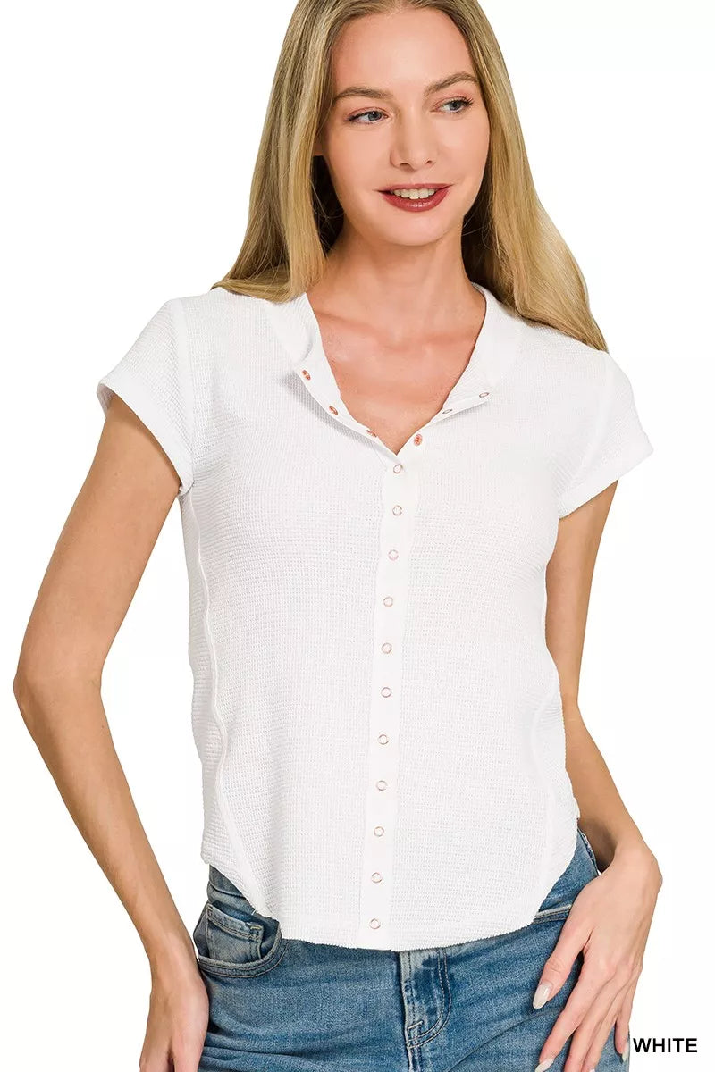 Zenana Double Knit Snap Button Short Sleeve Shirt