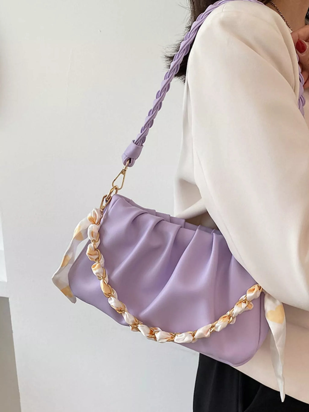 Ruched Braided Handle Shoulder Bag