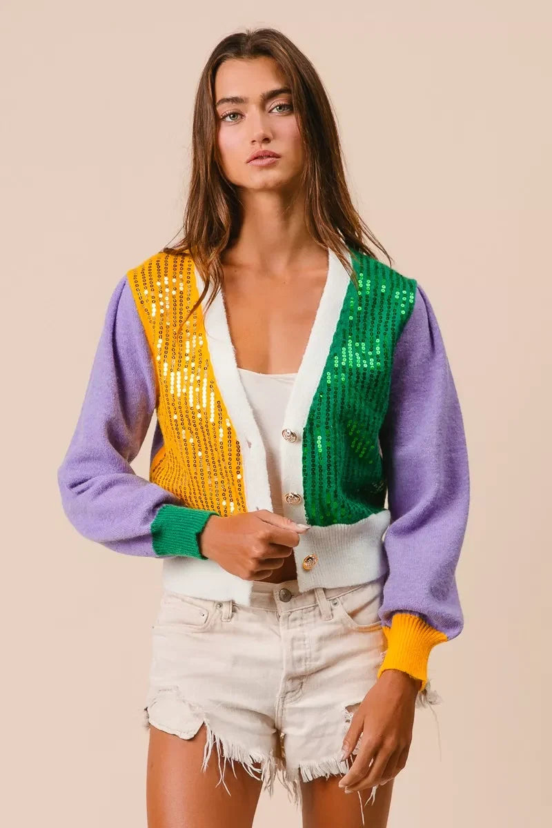 BiBi Mardi Gras Color Block Sequin Sweater Cardigan