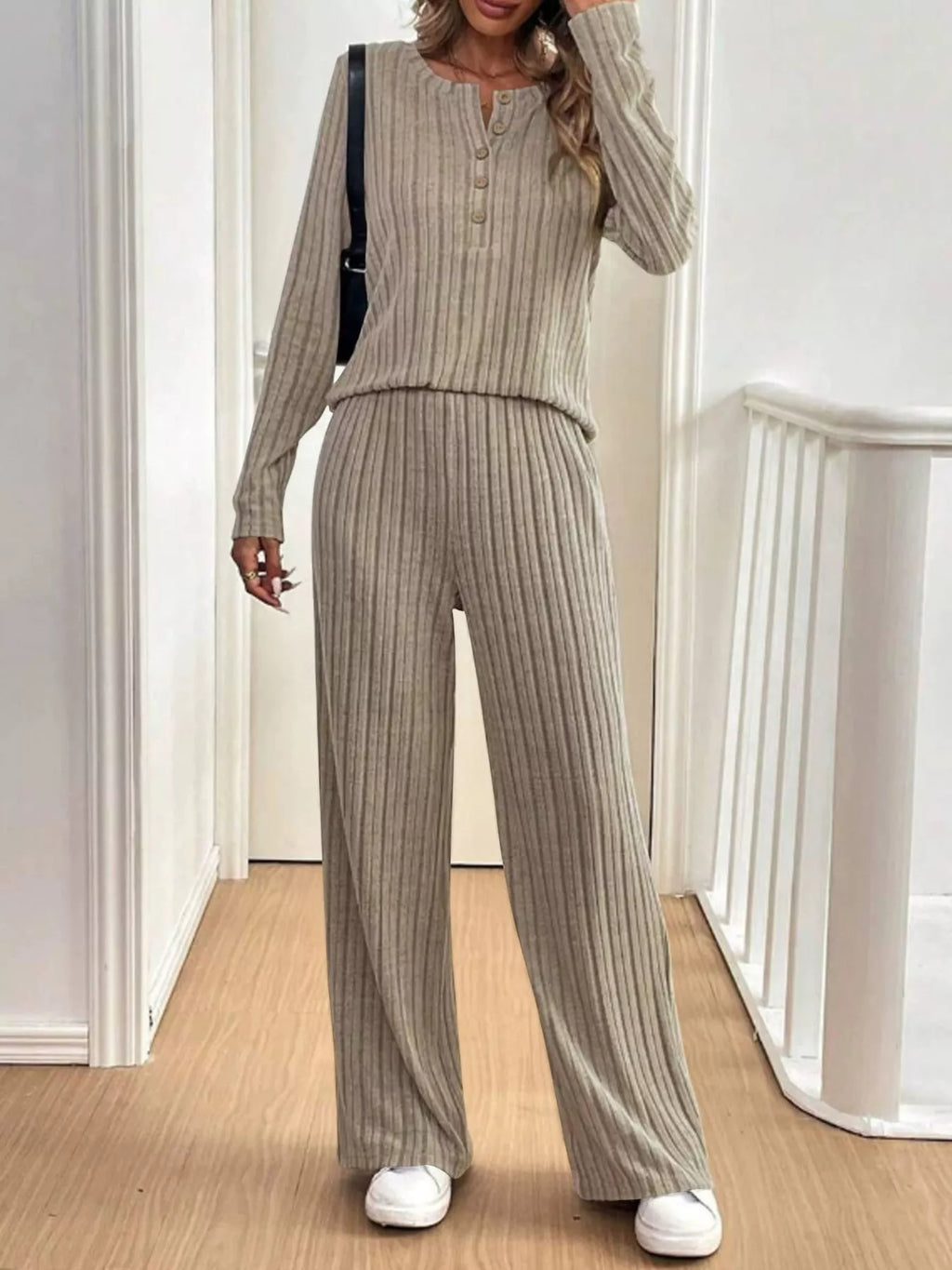 Plus Size Ribbed Knit Button-Front Top and Pants Set