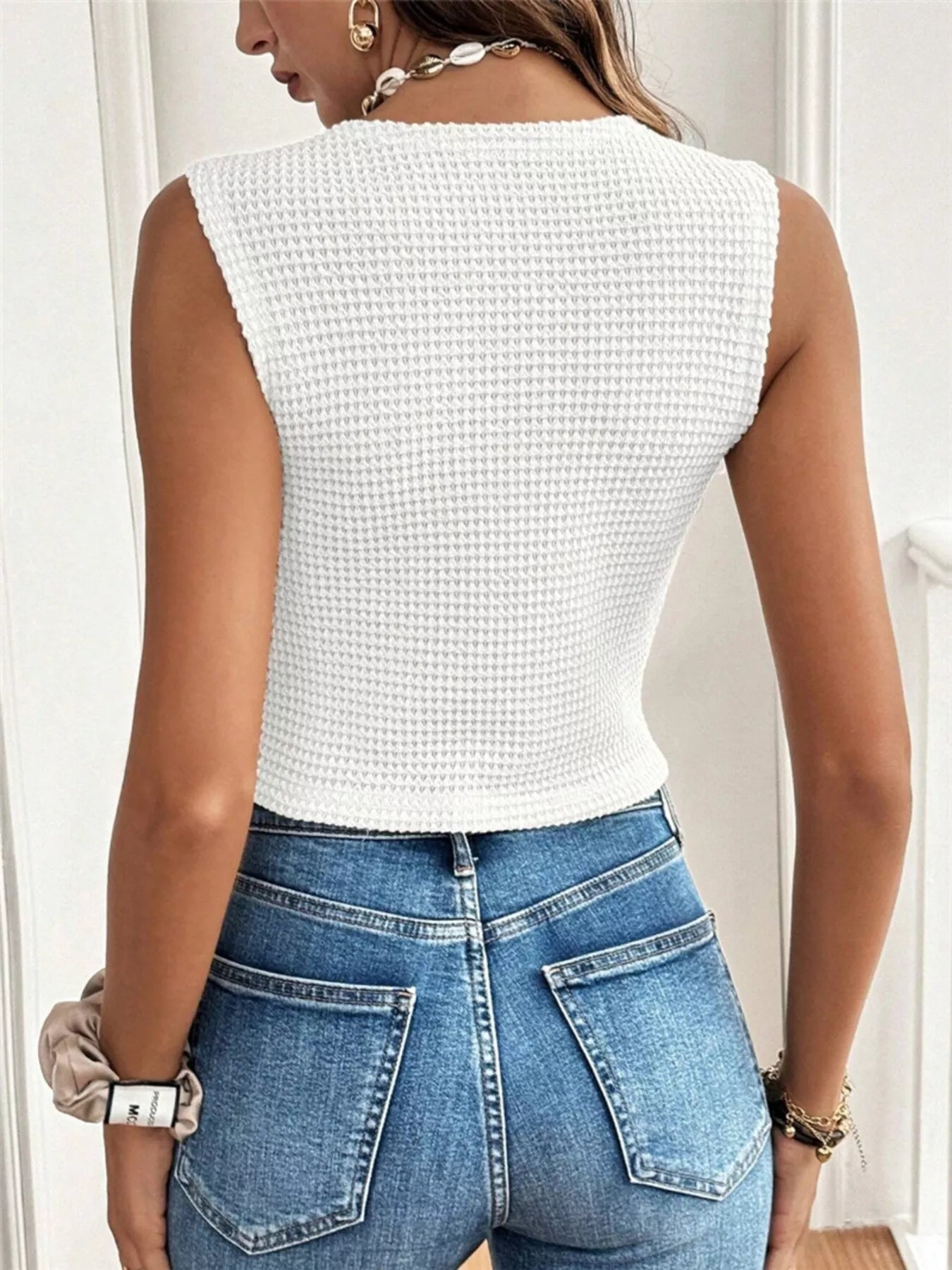 Textured Button-Front Sleeveless Vest Top