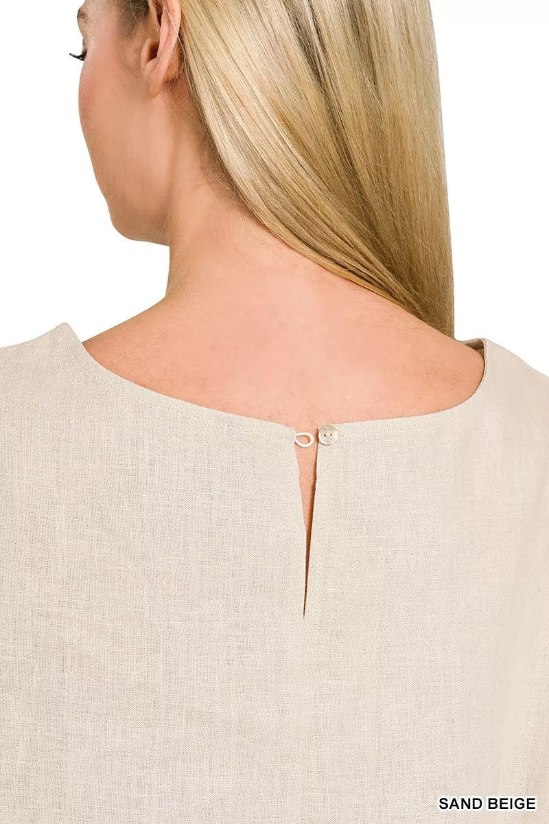 Zenana Linen Round Neck Cap Sleeve Top