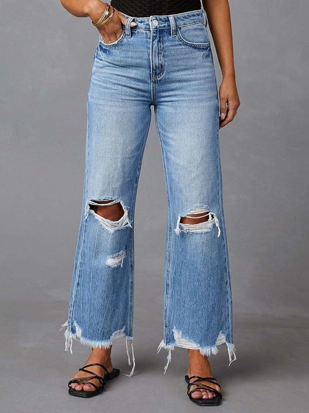 Distressed Raw Hem Flare Jeans