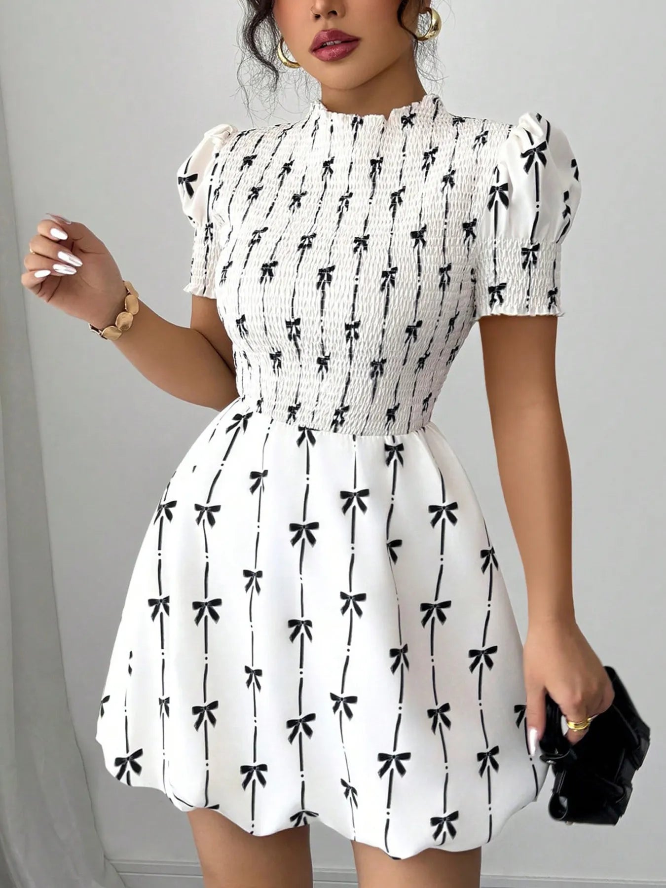 Smocked Bow Print Short Sleeve Dress