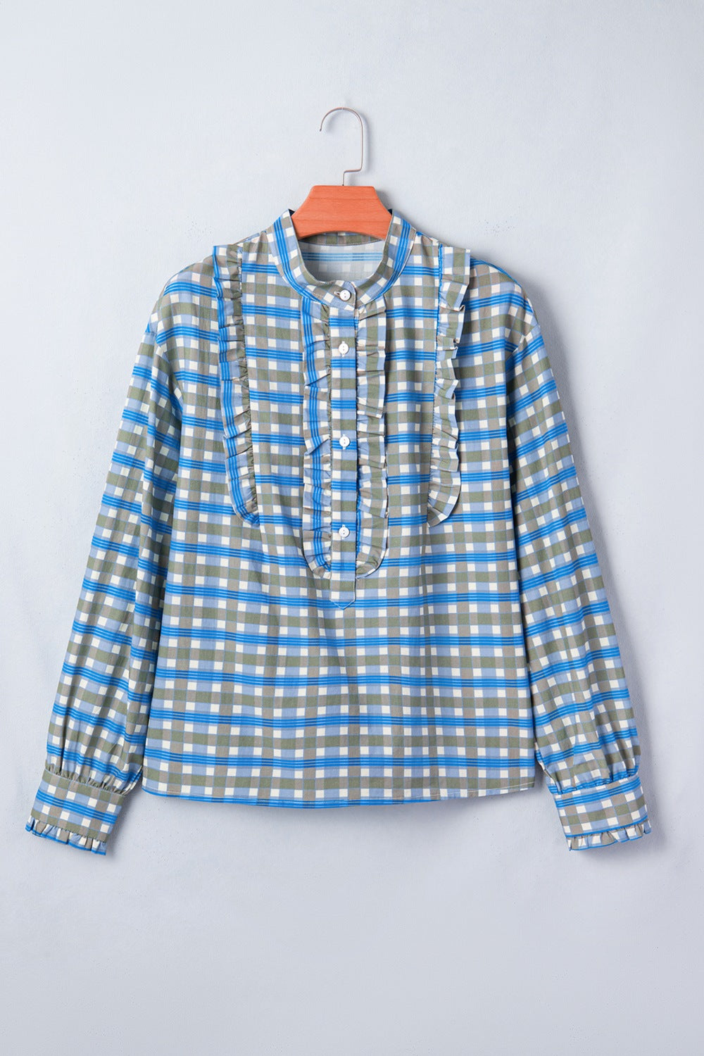 Plaid Long Sleeve Frilled Detail Half Button Blouse