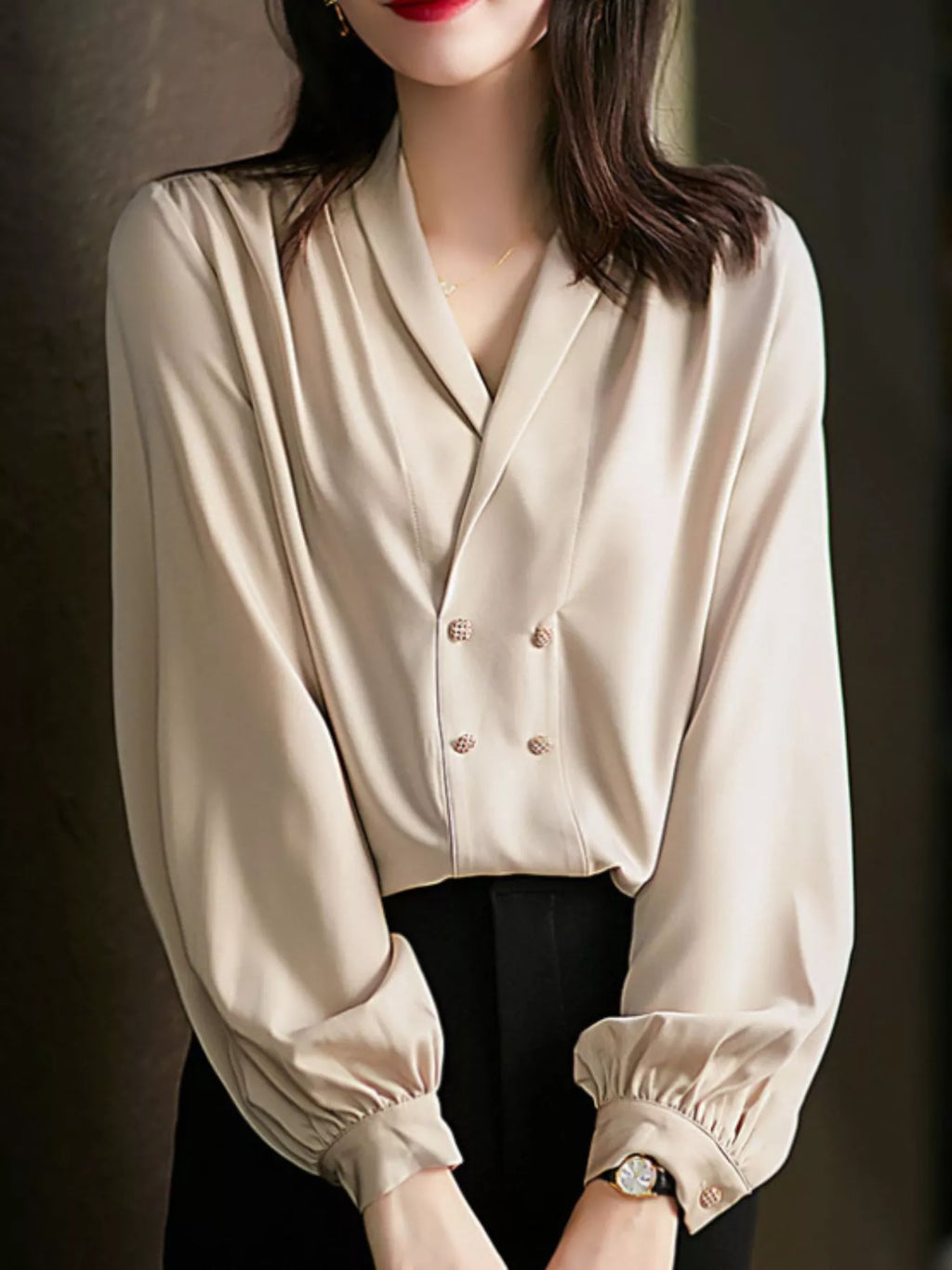 Ruched Front Decorative Button Long Sleeve Blouse