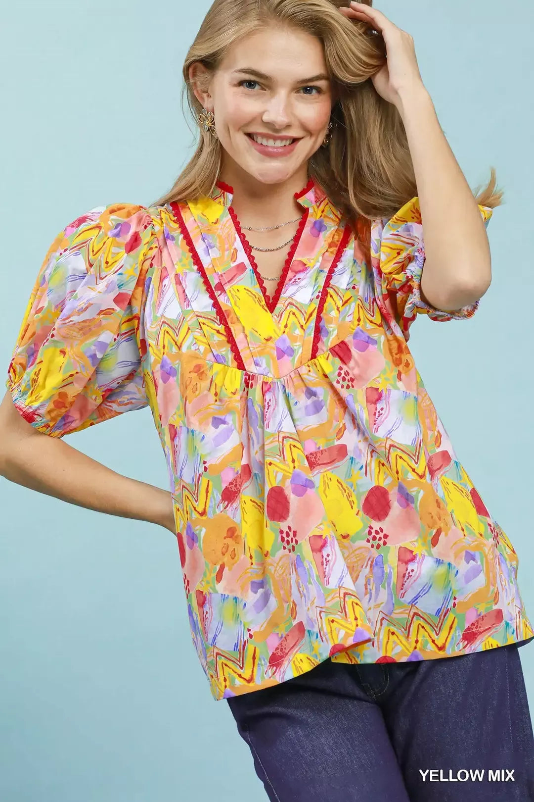 Umgee Abstract Print Puff Sleeve Top