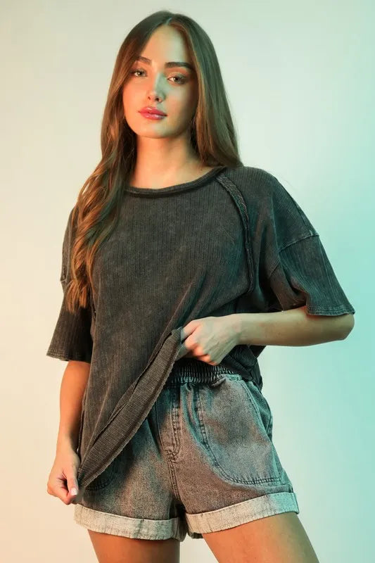 VERY J Full Size Mineral Washed Ribbed Knit Casual Top Plus Size