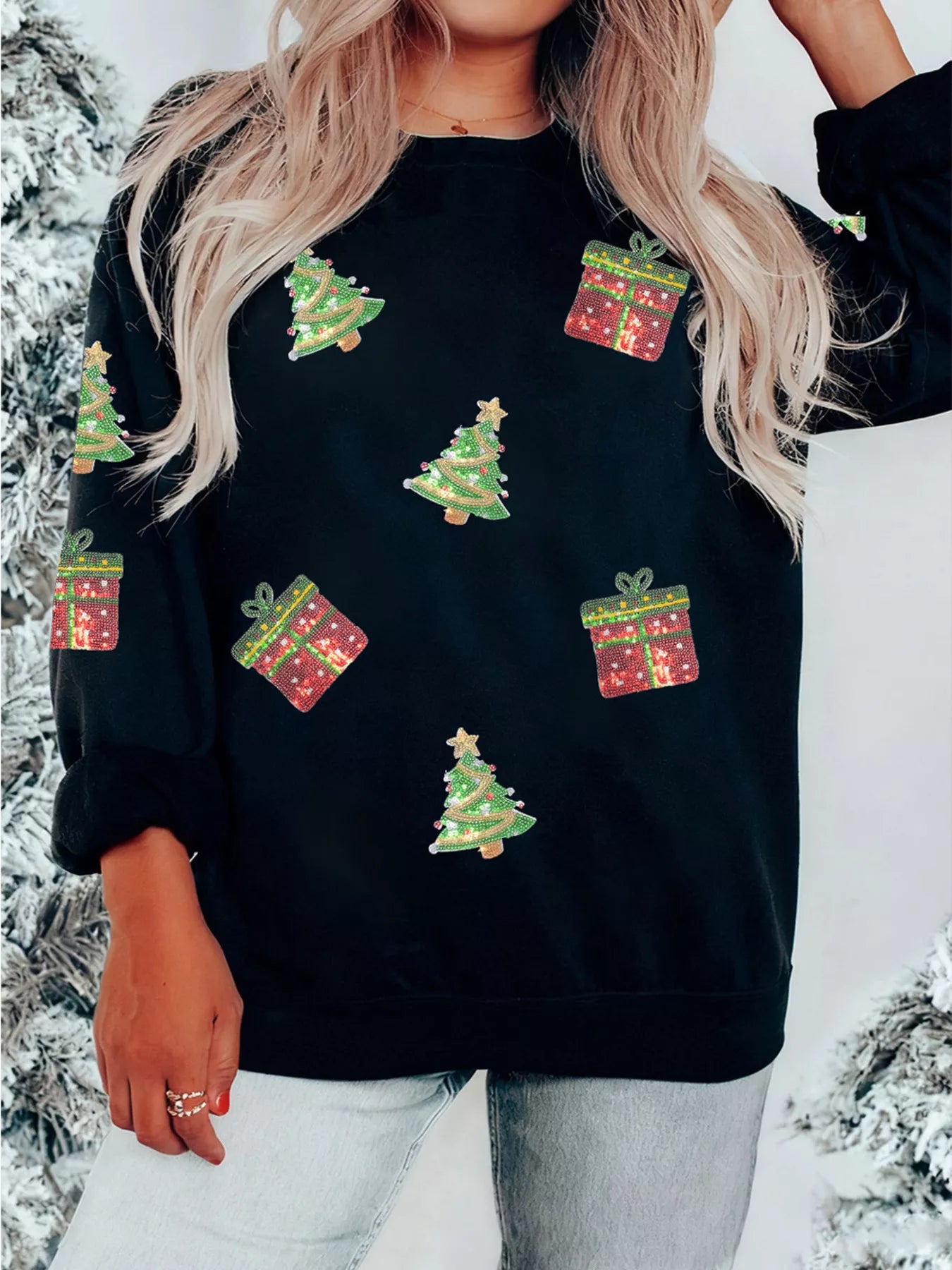 Sequin Christmas Trees Gifts Patched Drop Shoulder Sweatshirt