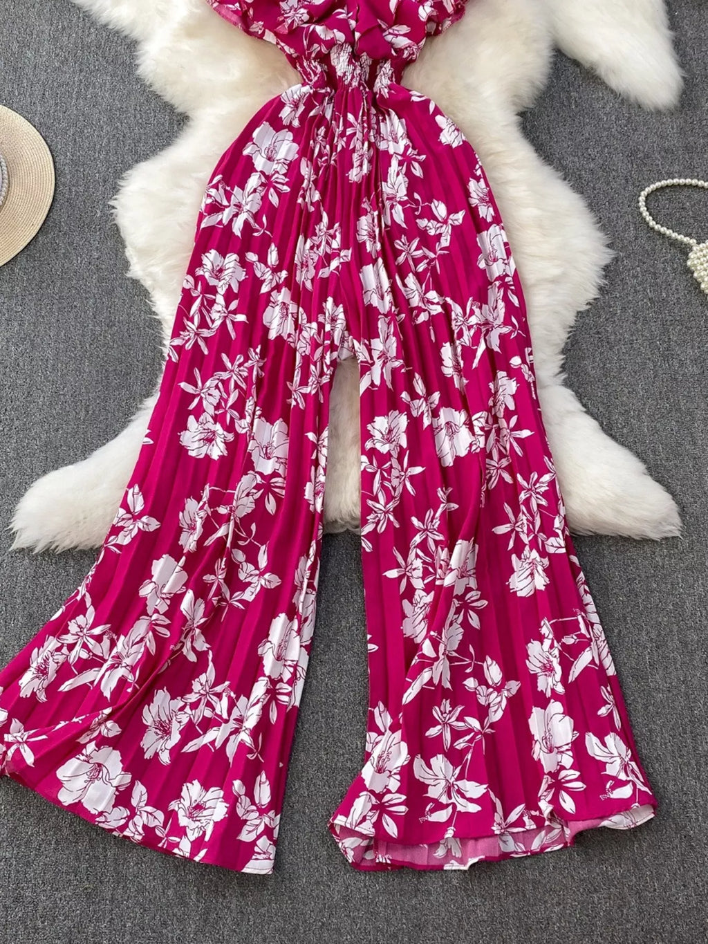 Floral Print Wide Leg Pleated Jumpsuit