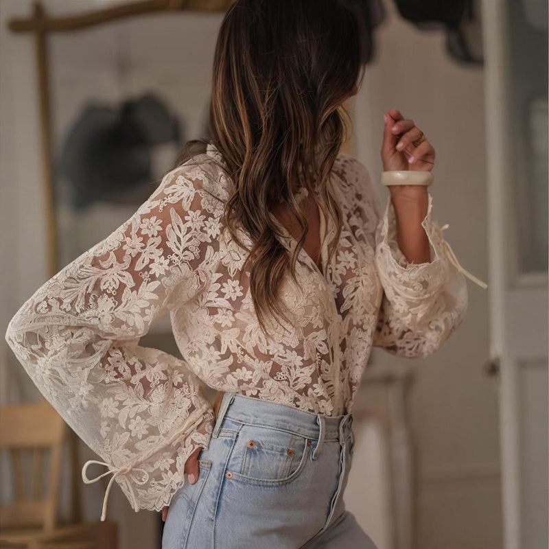 Boho Lace Embroidered V-Neck Blouse