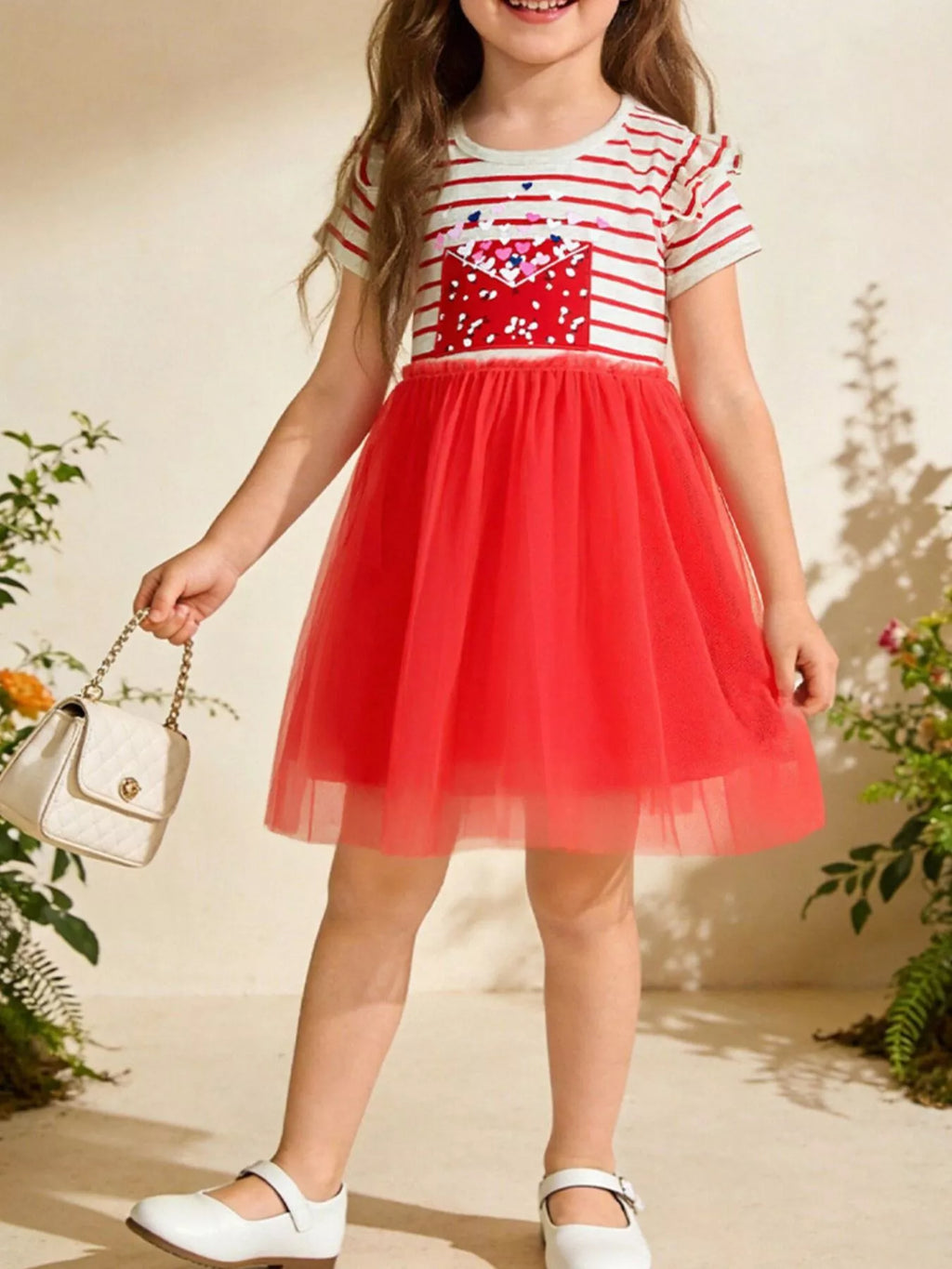Children's Striped Short Sleeve Tulle Dress