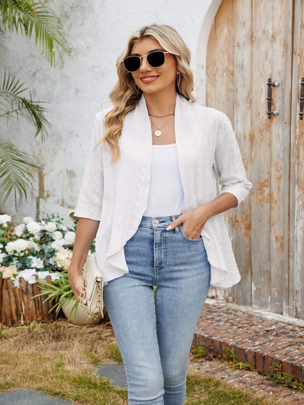 Eyelet Open Front Three-Quarter Sleeve Top