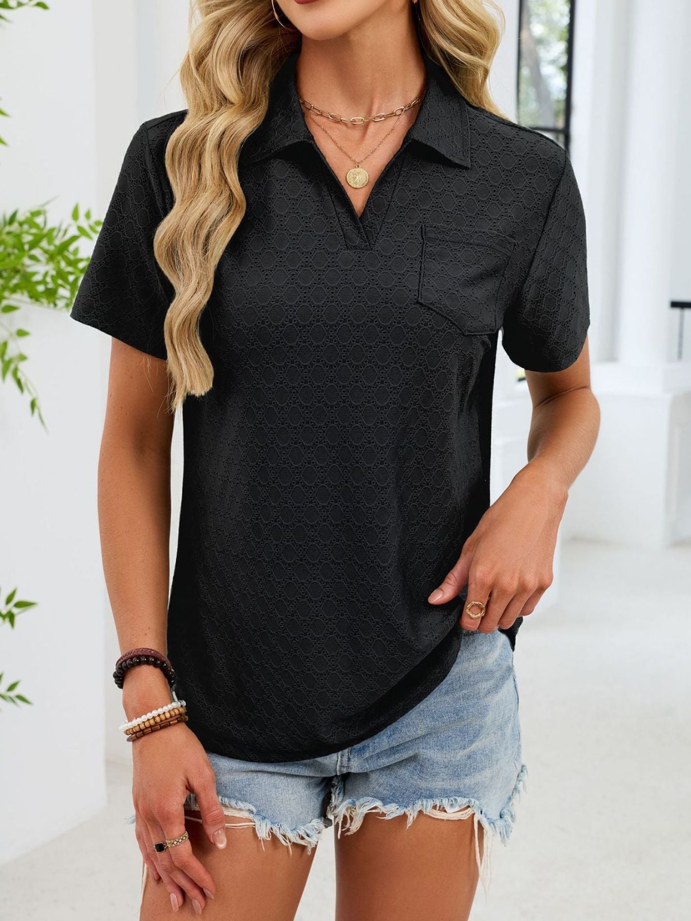 Eyelet Short Sleeve Blouse