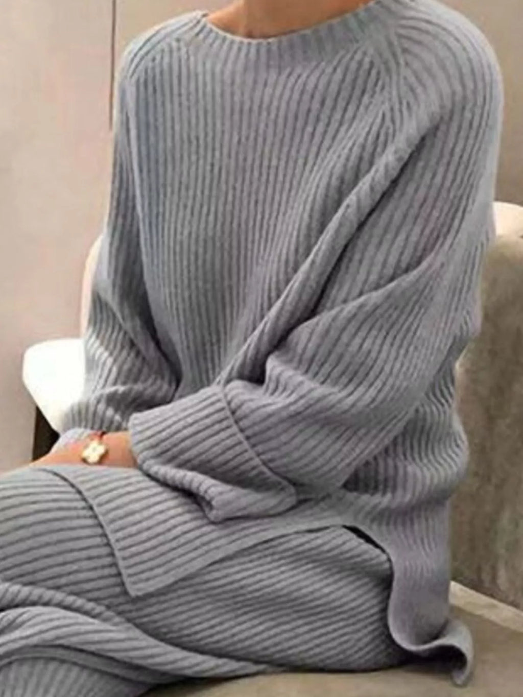 Full Size Ribbed Knit Relaxed Fit Top and Pants Sweater Set Plus Size