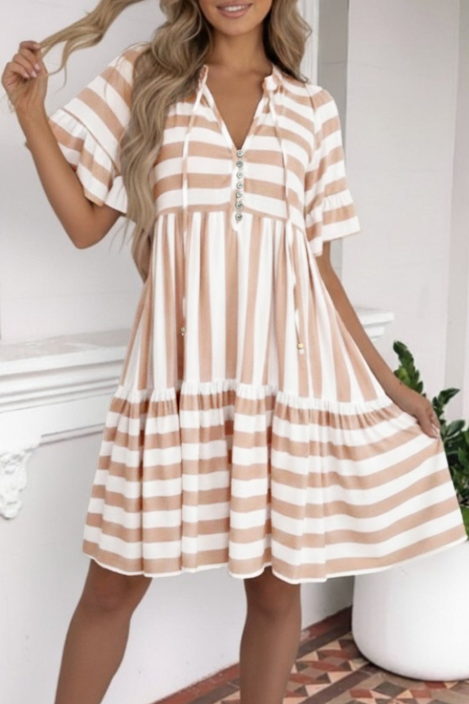 Stripe Tie V-Neck Ruffle Trim Mini Dress