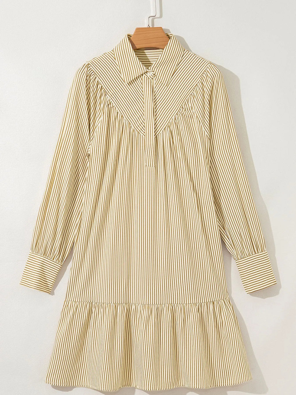 Stripe Collared Neck Cuffed Long Sleeve Drop Waist Mini Dress