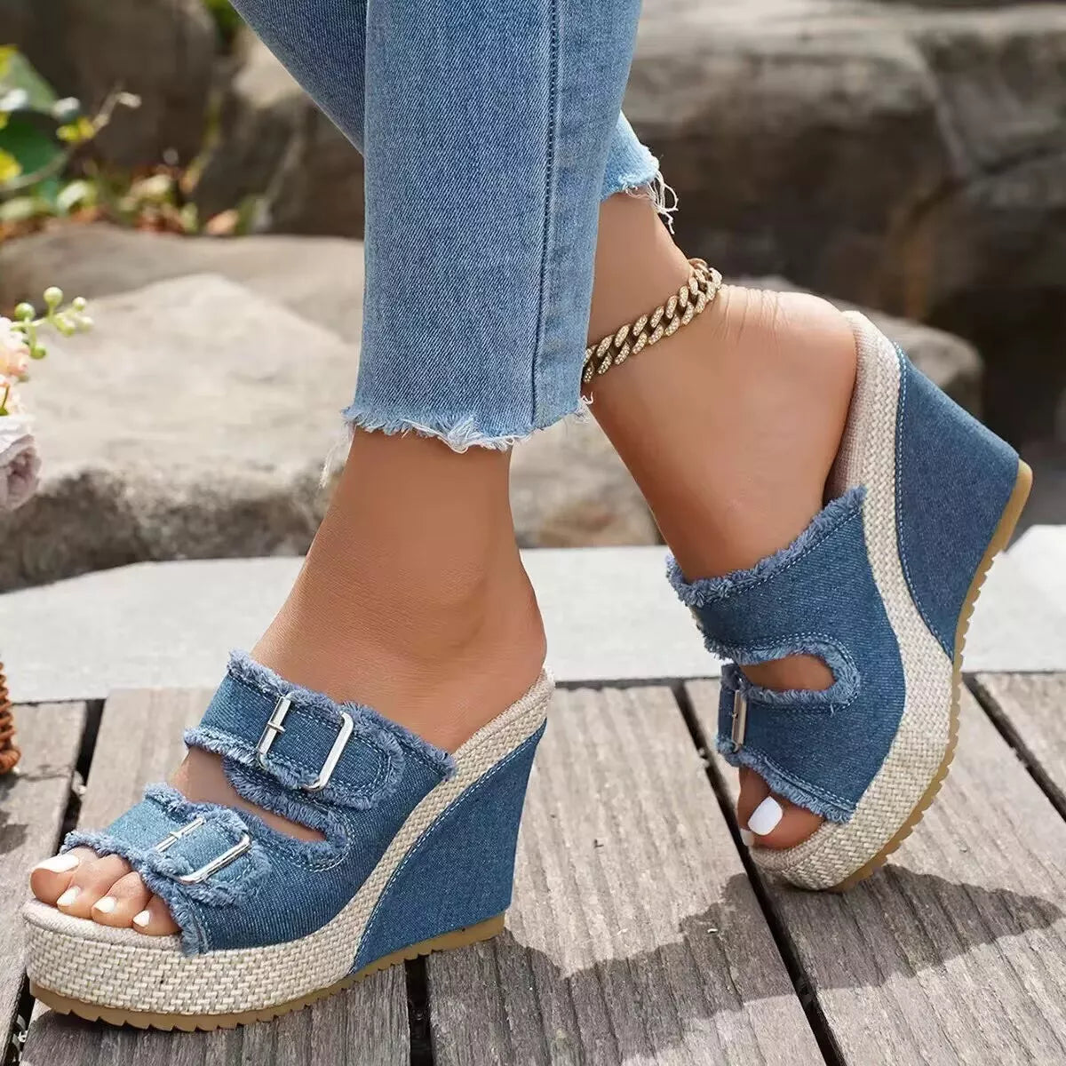 Buckle Open Toe Wedge Sandals