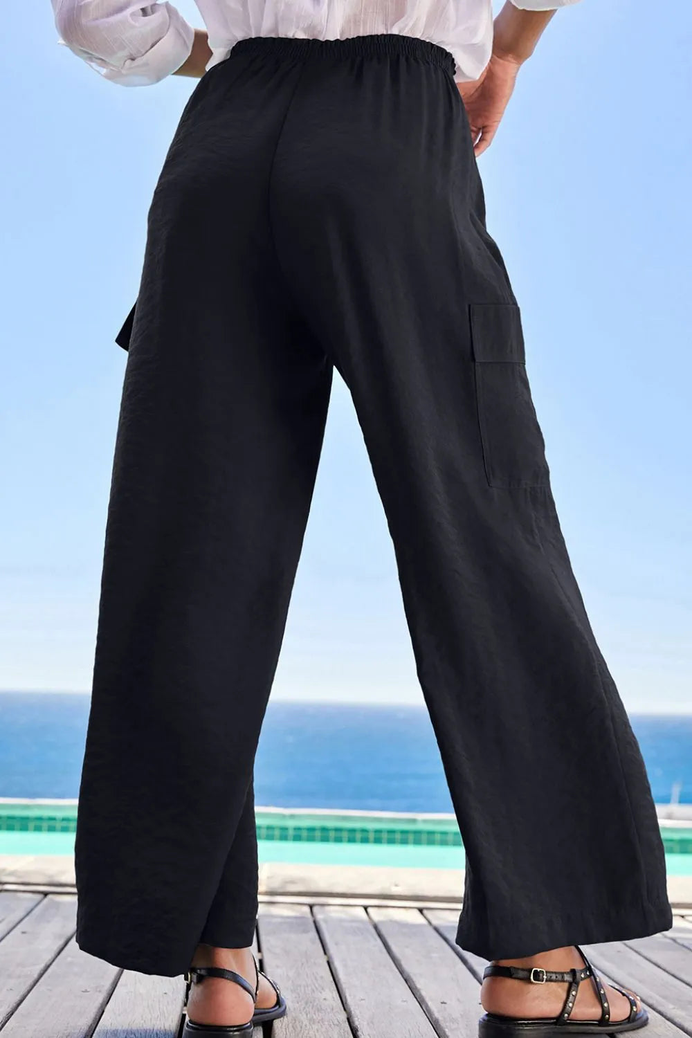 Drawstring Frilled Waist Wide Leg Utility Trousers