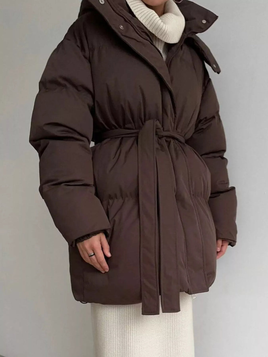 Mid-Length Thickened Hooded Winter Coat with Belted
