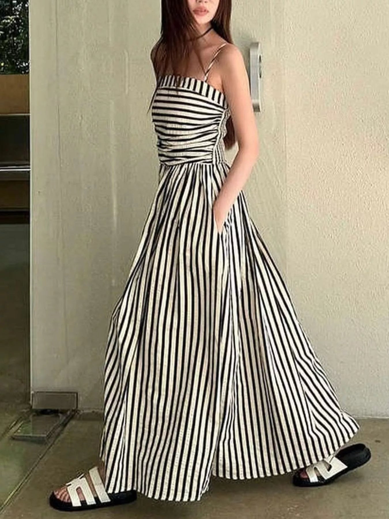 Striped Spaghetti Strap Casual Maxi Dress