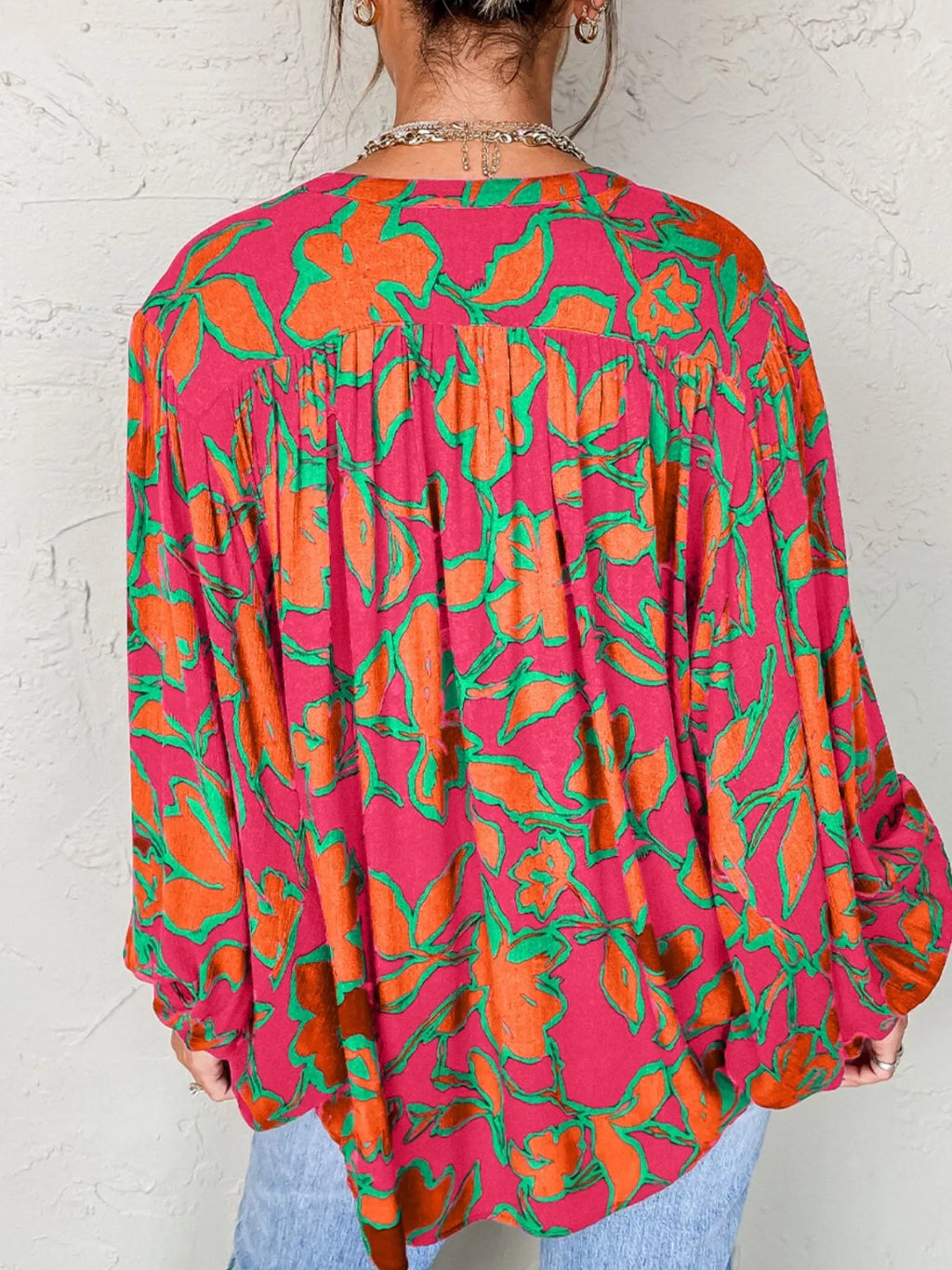 Floral Print Batwing Sleeve Buttoned Loose Fit Shirt