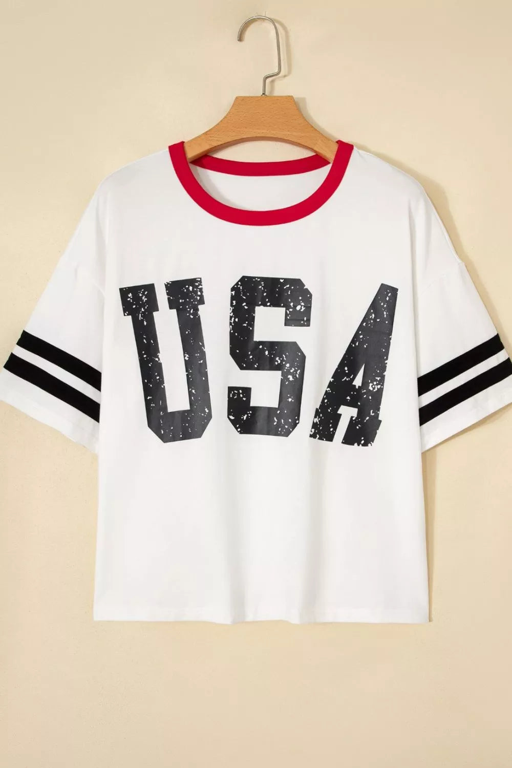 USA Letter Printed Varsity Striped Sleeve Round Neck Tee