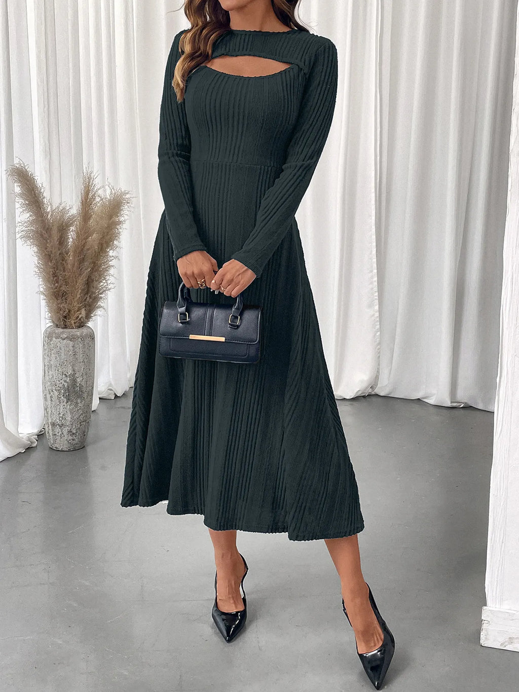 Ribbed Knit Cutout Long Sleeve Midi Dress