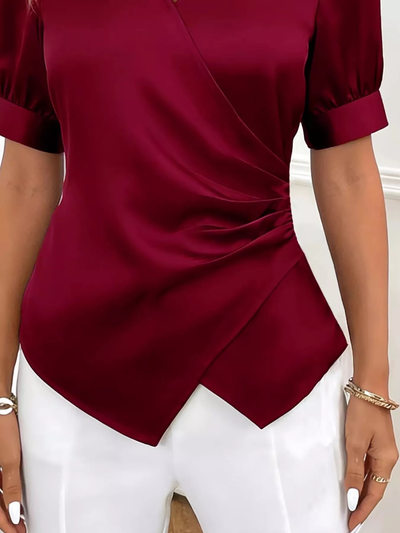 Satin Surplice Short Sleeve Blouse