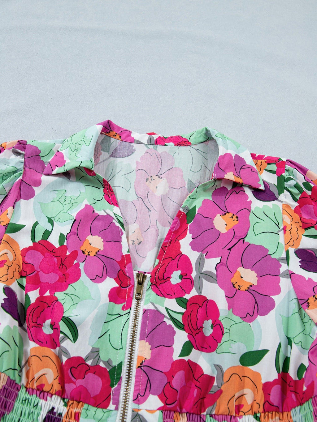 Vibrant Floral Print V Neck Zip Up Puffy Half Sleeve Dress