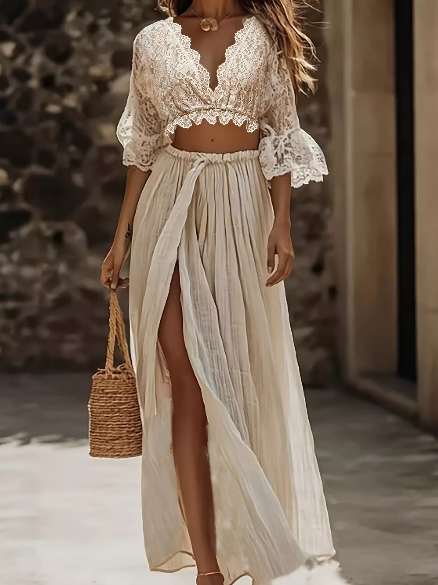 Lace Crop Top and Slit Maxi Skirt Set