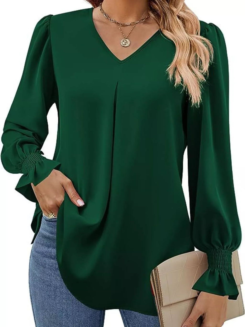 V-Neck Long Sleeve Ruffle Cuff Blouse