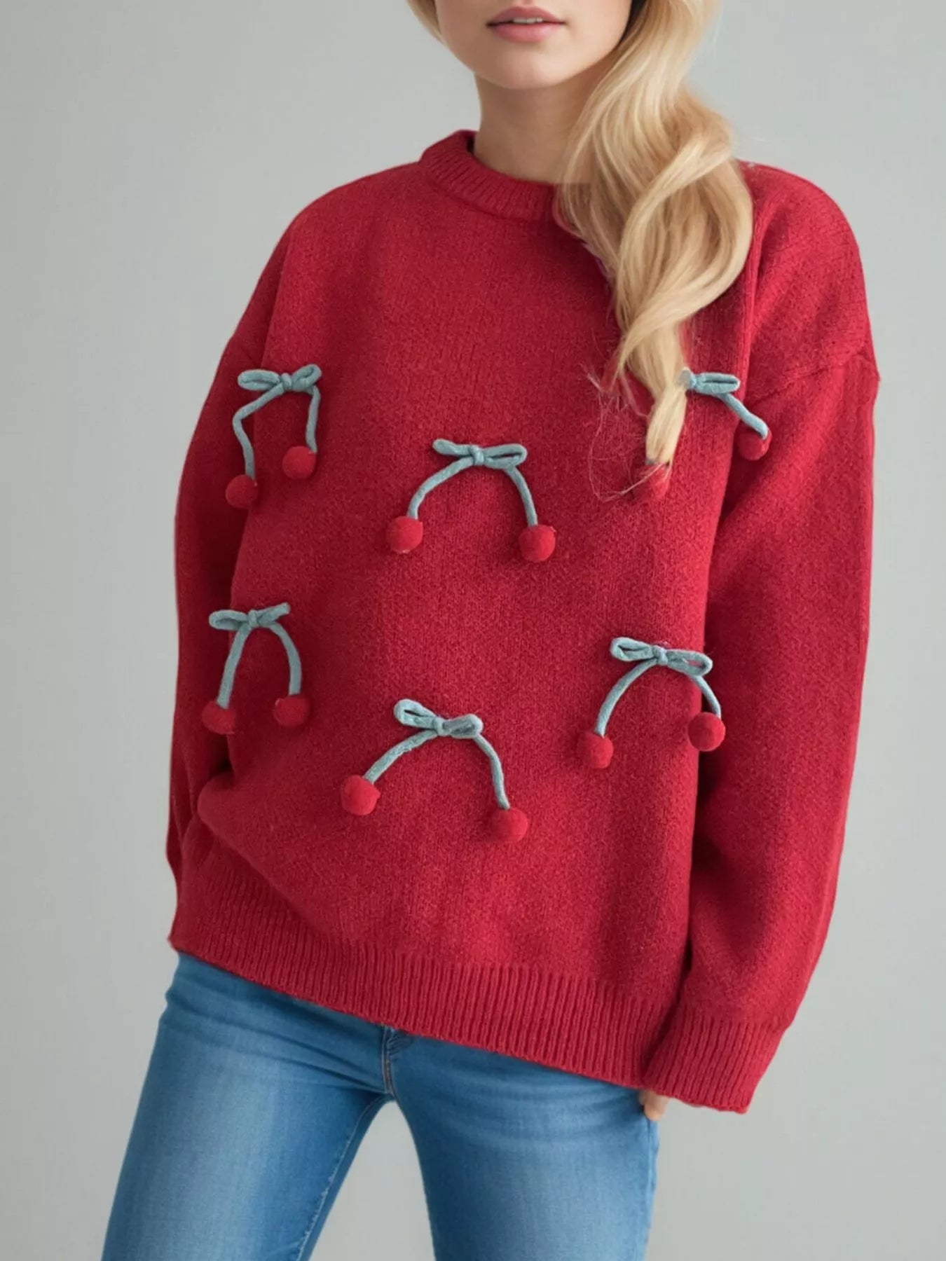 Cherry Pom-Pom Knit Round Neck Sweater