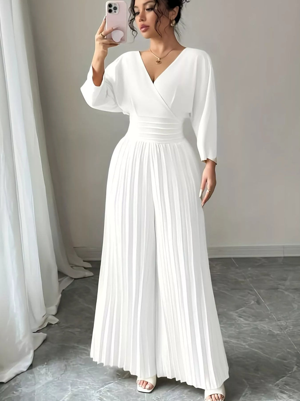 Surplice Pleated Wide Leg Jumpsuit