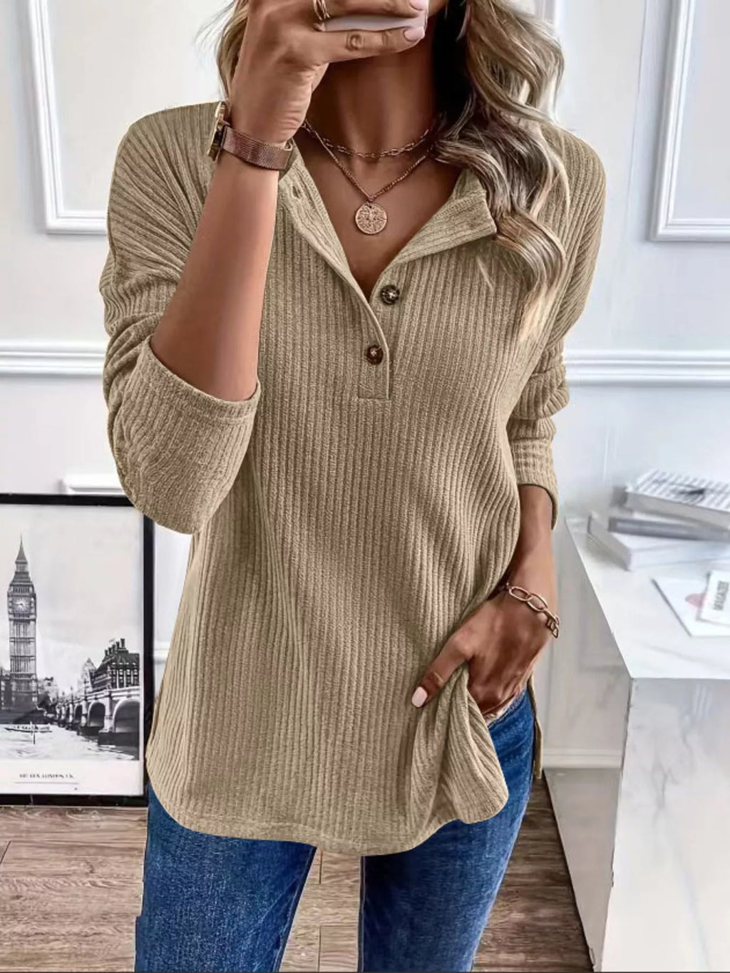 Button-Detail Dropped Shoulder Top