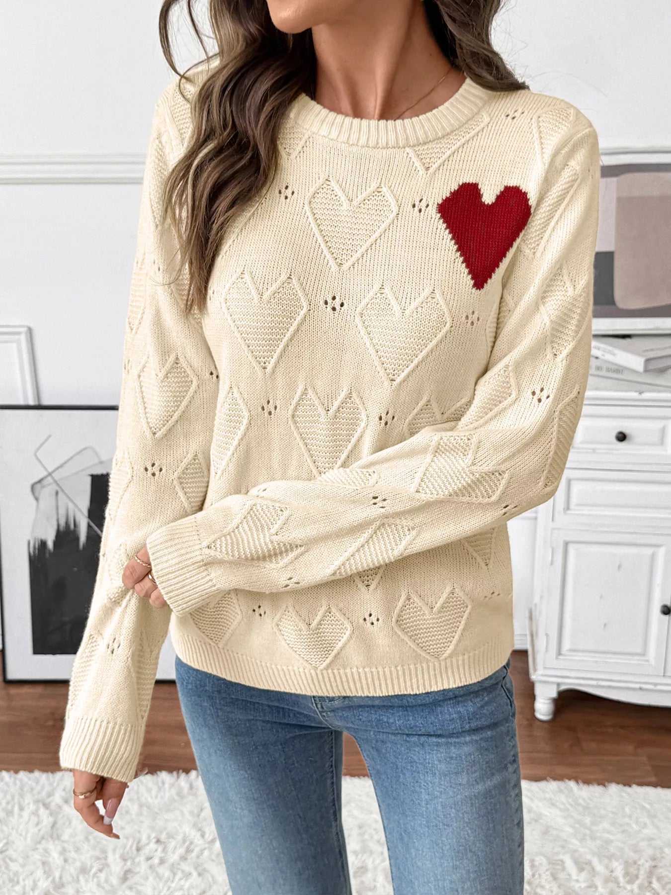 Openwork Heart Round Neck Sweater