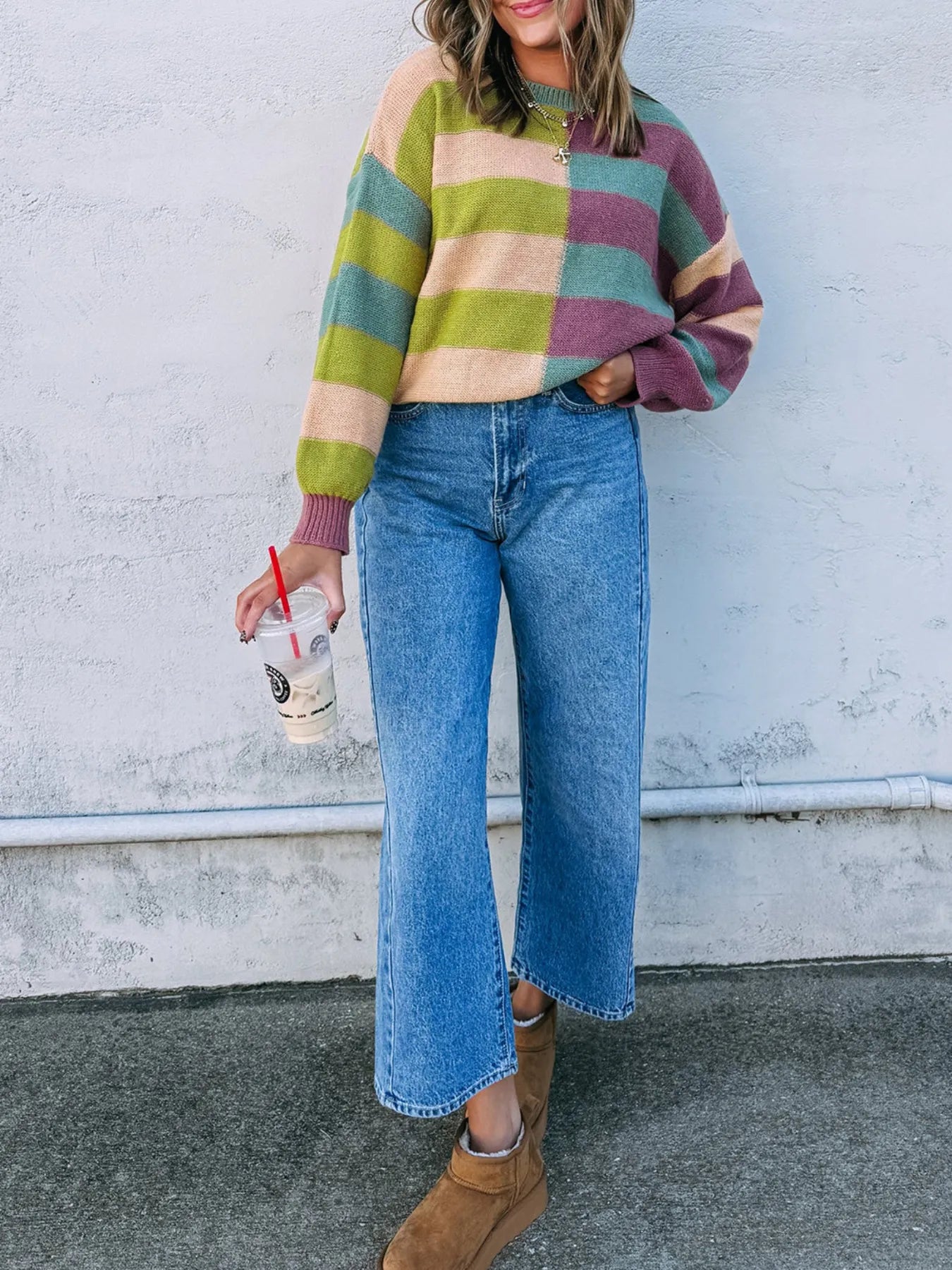 Stripe Drop Shoulder Ribbed Edge Sweater