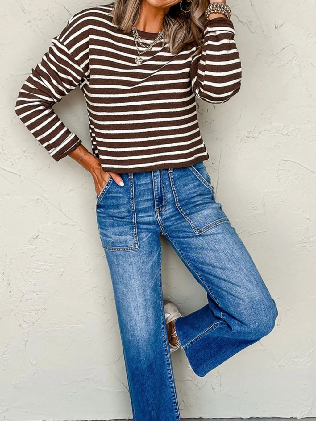 Stripe Cropped Crew Neck Long Sleeve T Shirt