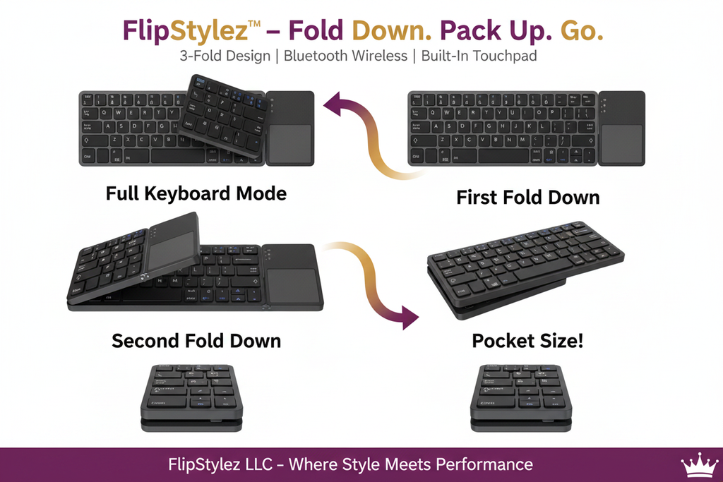 FlipStylez™ 3-Fold Wireless Bluetooth Keyboard with Touchpad – Compact, Rechargeable, Multi-Device, Windows, iOS, Android & Mac | FlipStylez LLC®