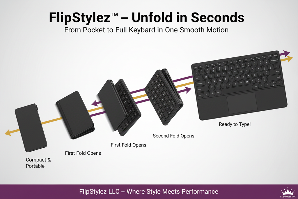 FlipStylez™ 3-Fold Wireless Bluetooth Keyboard with Touchpad – Compact, Rechargeable, Multi-Device, Windows, iOS, Android & Mac | FlipStylez LLC®