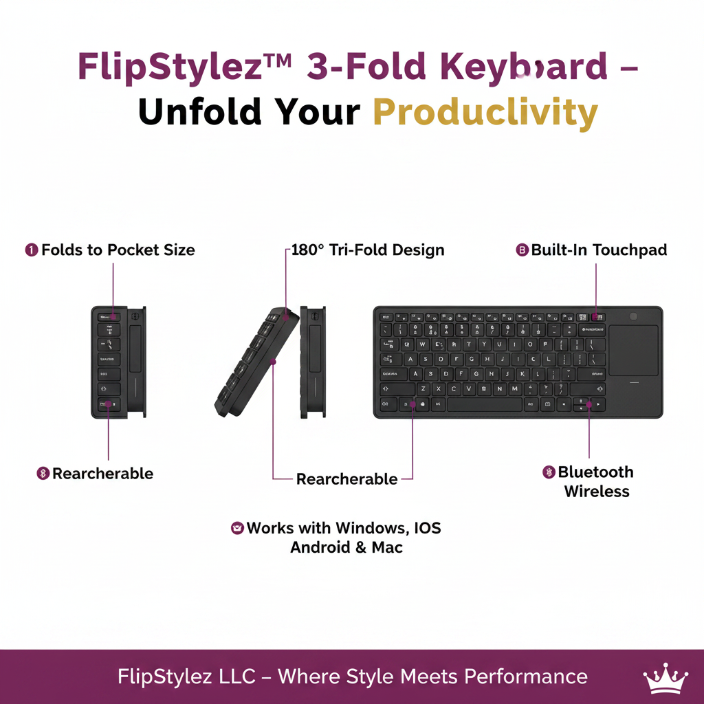 FlipStylez™ 3-Fold Wireless Bluetooth Keyboard with Touchpad – Compact, Rechargeable, Multi-Device, Windows, iOS, Android & Mac | FlipStylez LLC®