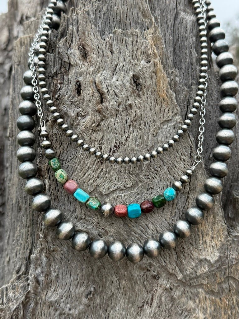 3-pc Silver Pearl Strands & Jasper Necklace Stack